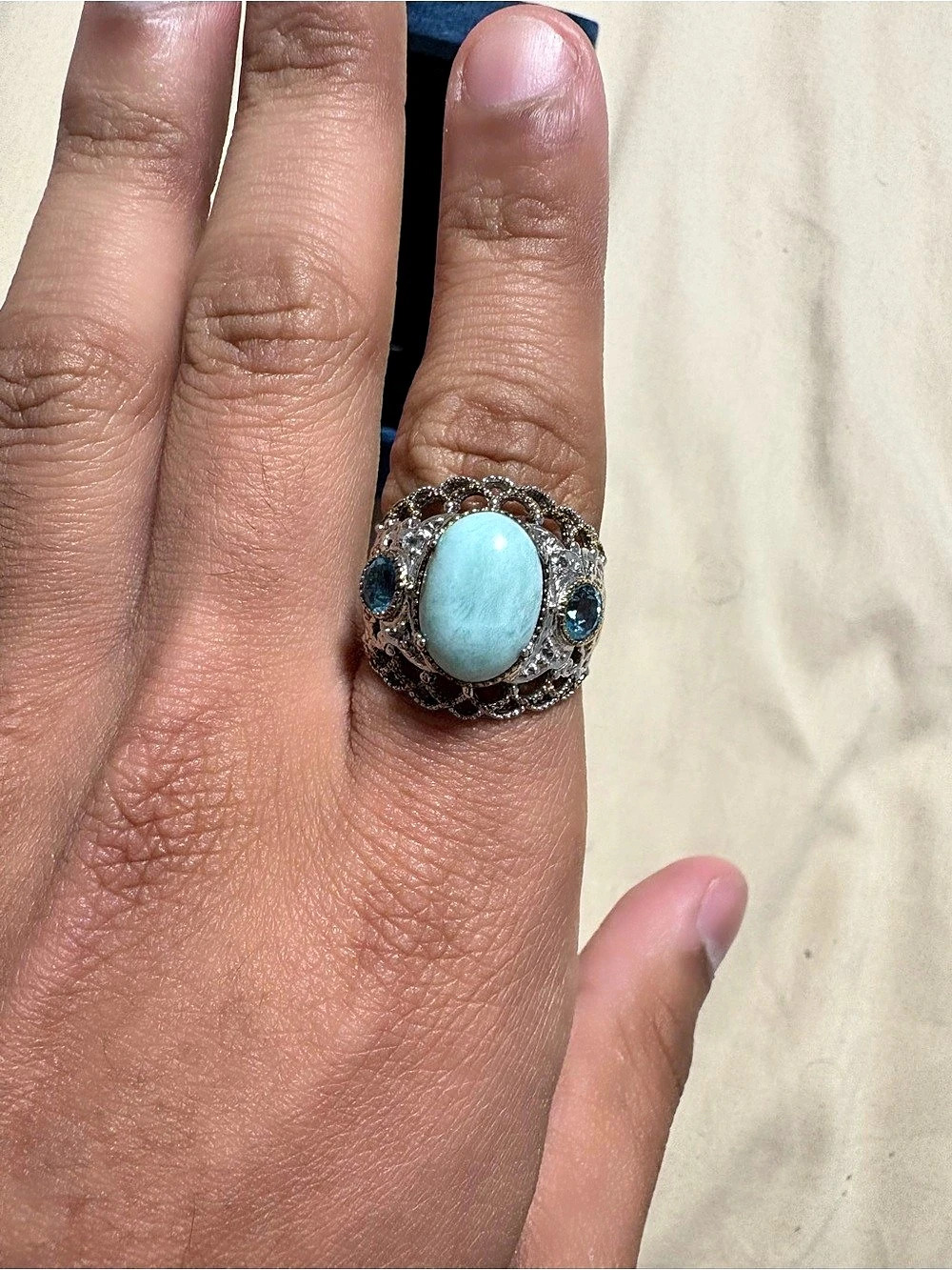 925 Sterling Silver and 10K Gold Ring with Blue Larimar Gemstone Accents Size 10